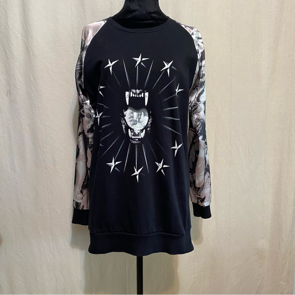 Black and White Crew Neck Sweater with Graphic Design